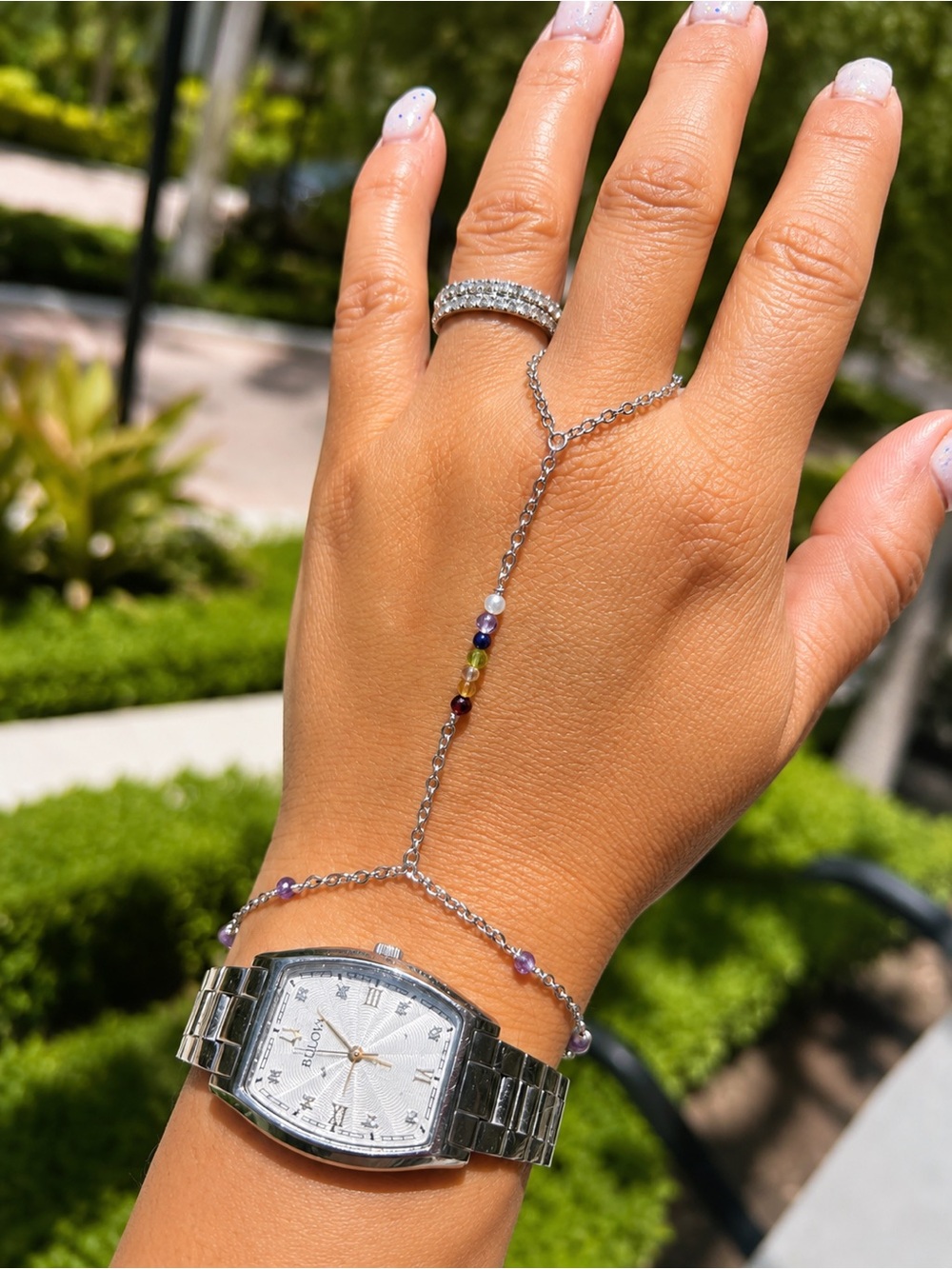 7 Chakra Crystal Hand Chain Bracelet Silver